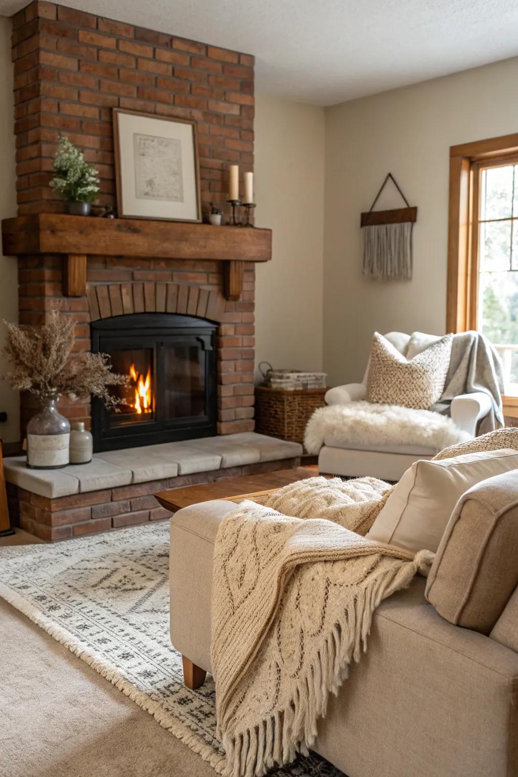 Neutral tones provide a cozy, inviting backdrop for your fireplace.