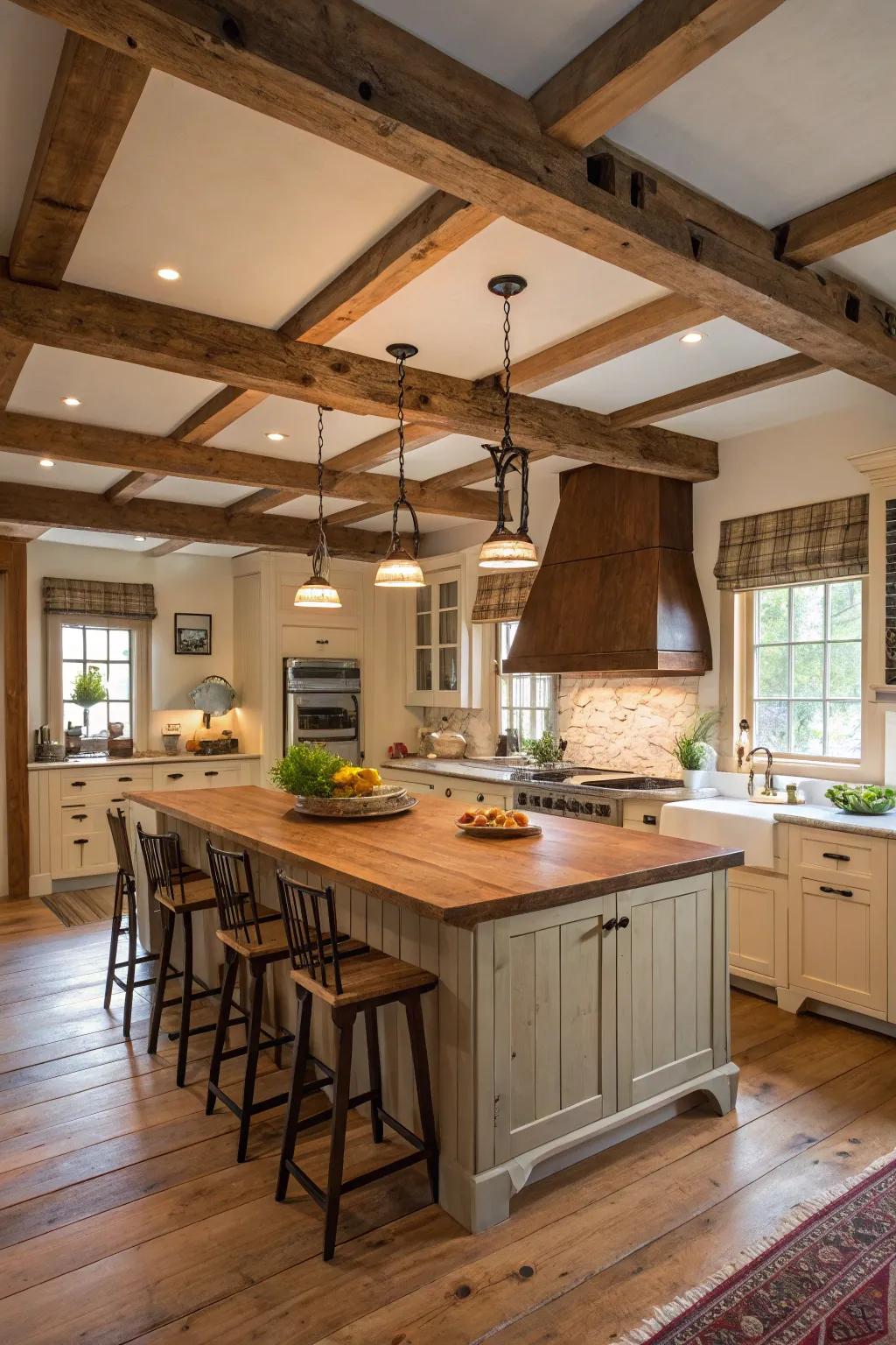 A farmhouse-style cooking space highlighting a hub and exposed structural ceiling rafters.
