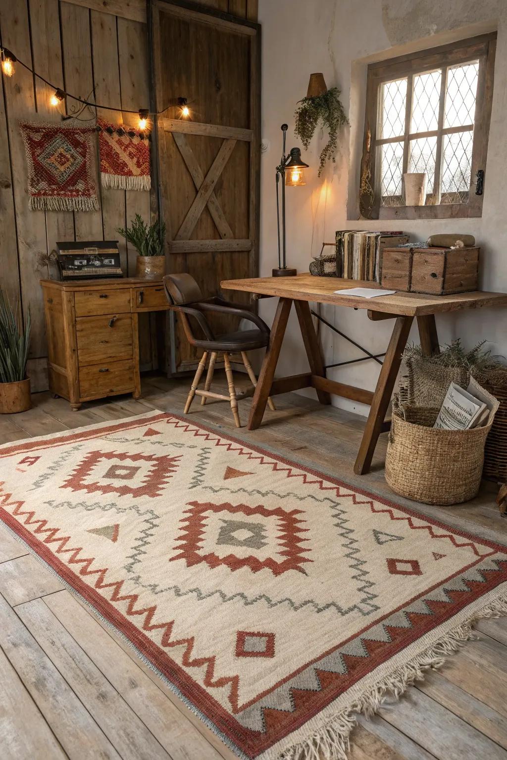 Patterned woven rugs add texture and visual interest to your farmhouse office.