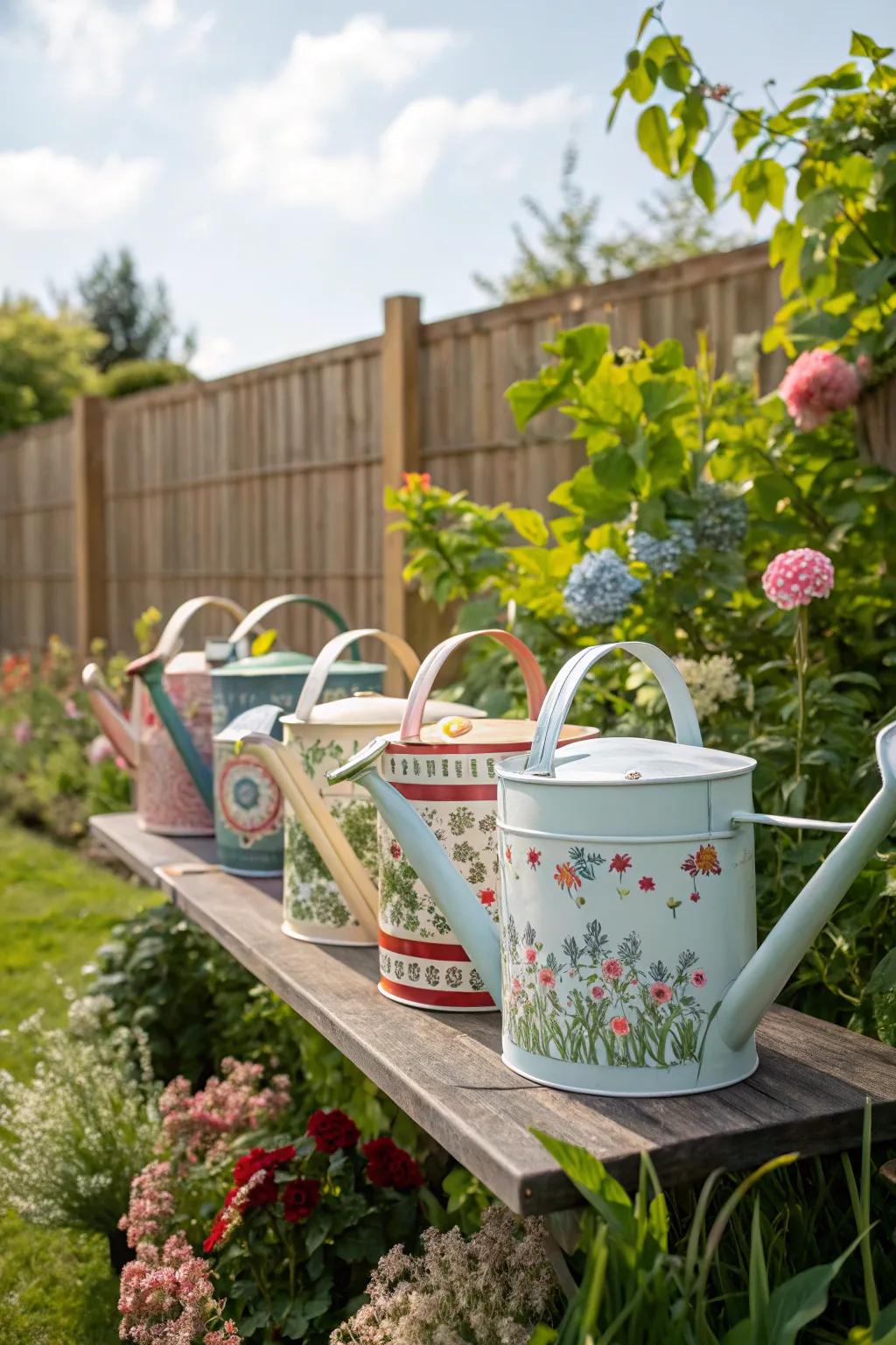Vintage watering cans adding a nostalgic touch to the garden.
