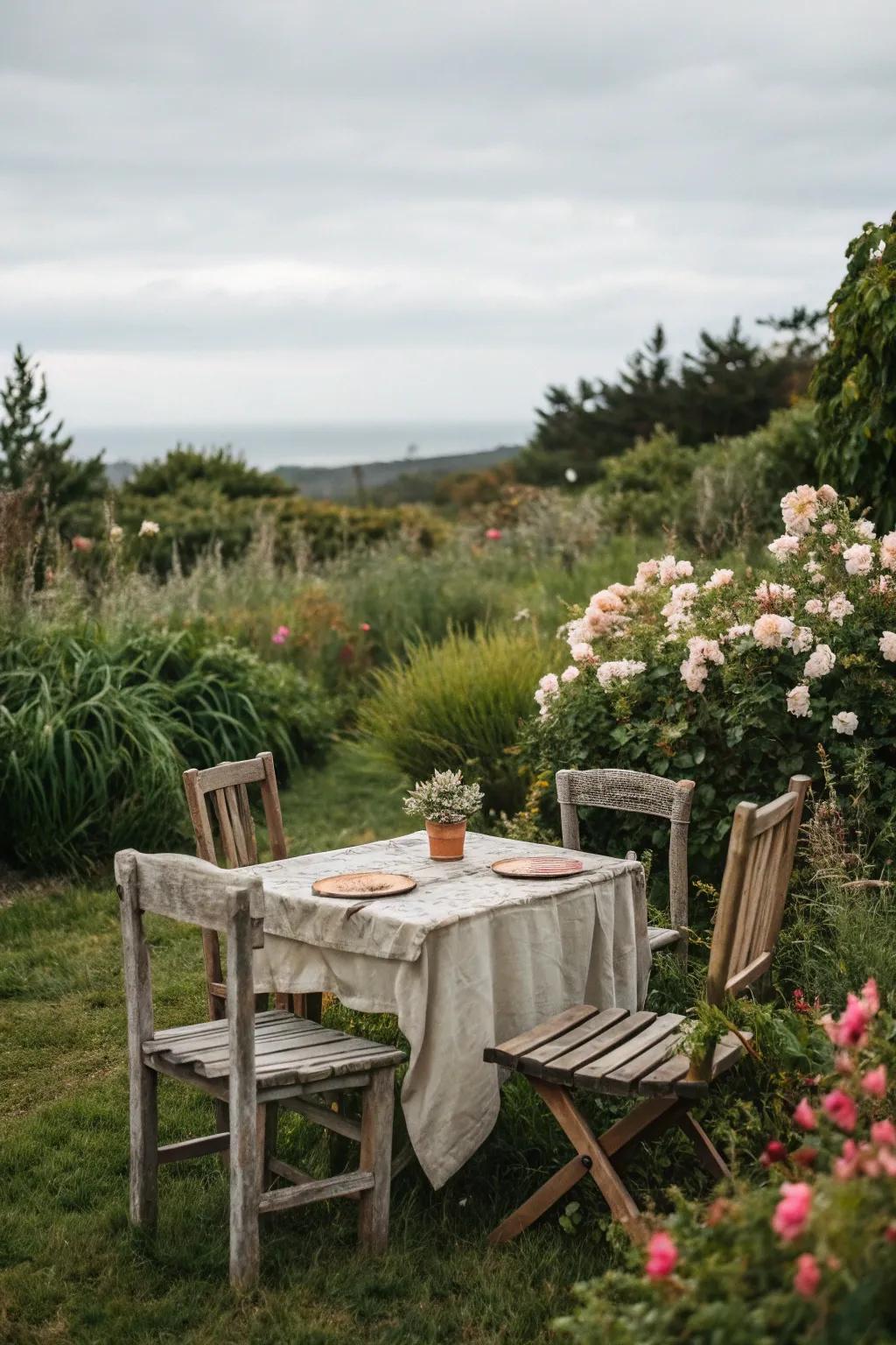 Weathered furniture bringing timeless charm to the garden.