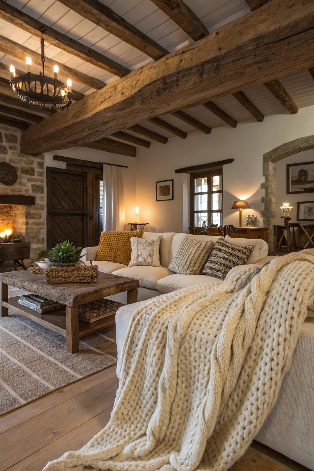 Thick knitted throws offer warmth and coziness to rural interiors.