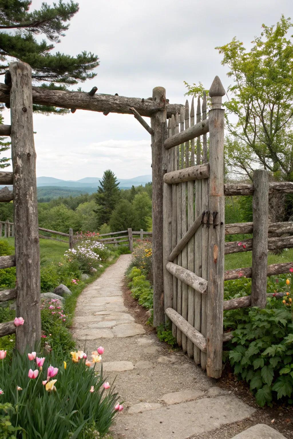 A rustic log gate serves as an inviting prelude to a garden path.