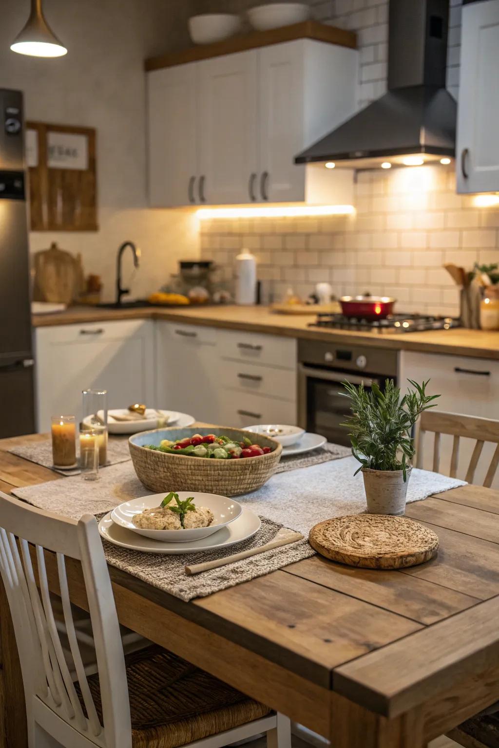 A casual dining area fosters a welcoming atmosphere in the kitchen.