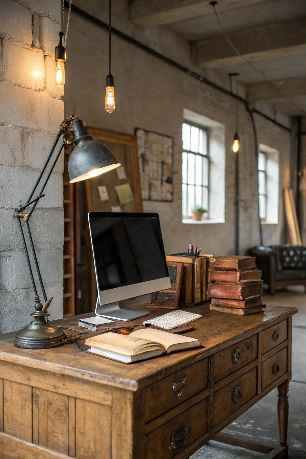A harmonious blend of vintage and modern elements in a rustic office.