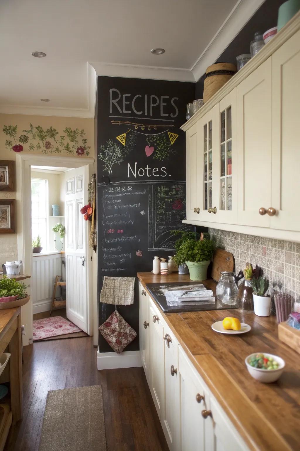 A blackboard wall introduces function and creativity to the kitchen.