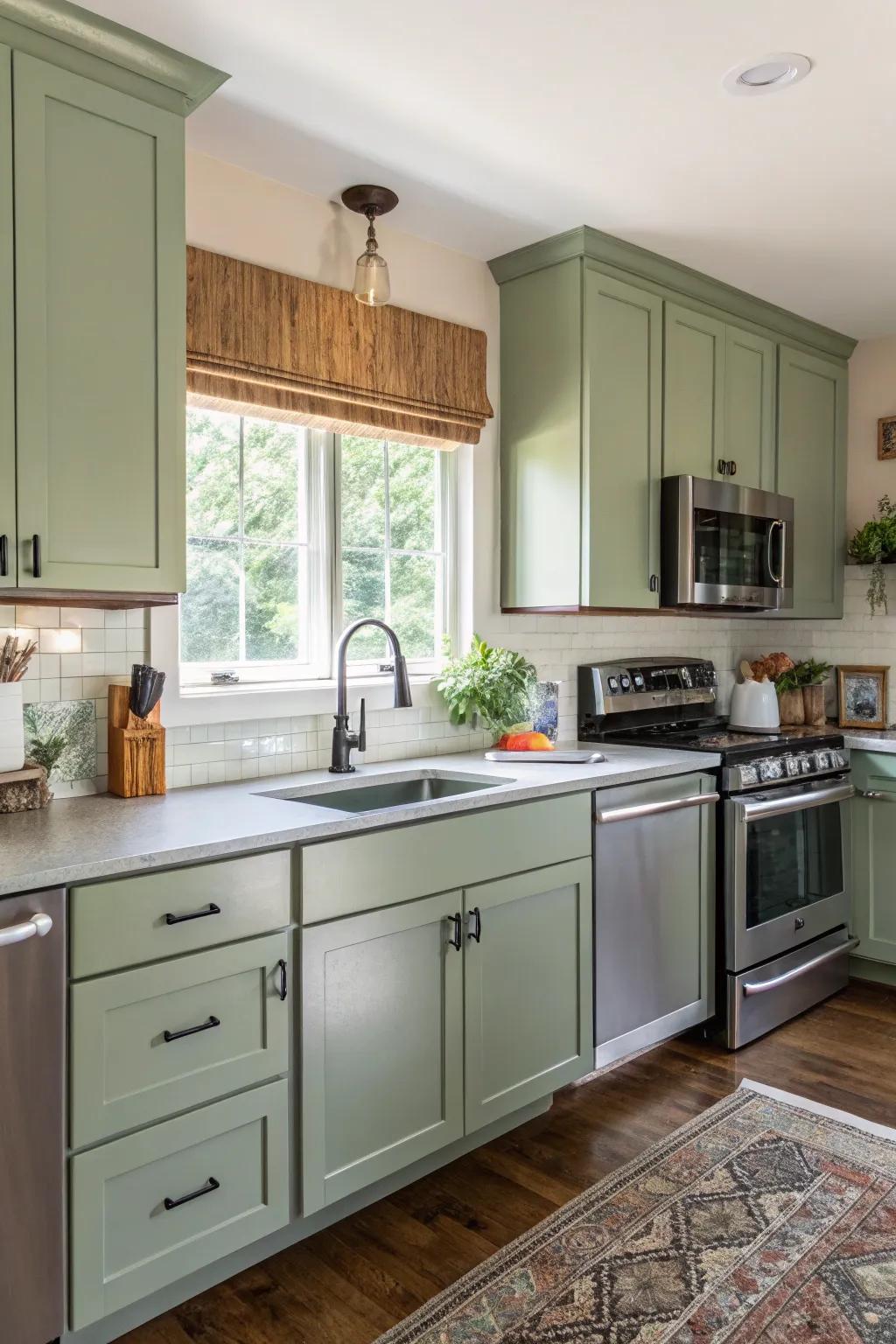 Modern equipment blend exquisitely with verdant kitchen furniture.