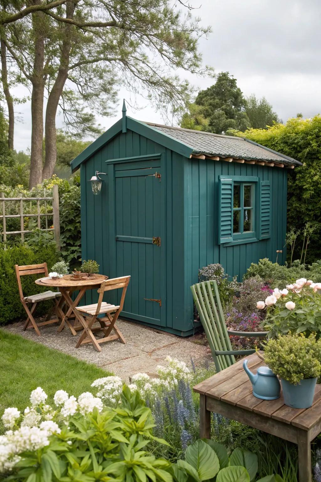 Deep teal sheds deliver opulent sophistication and a dash of luxury.