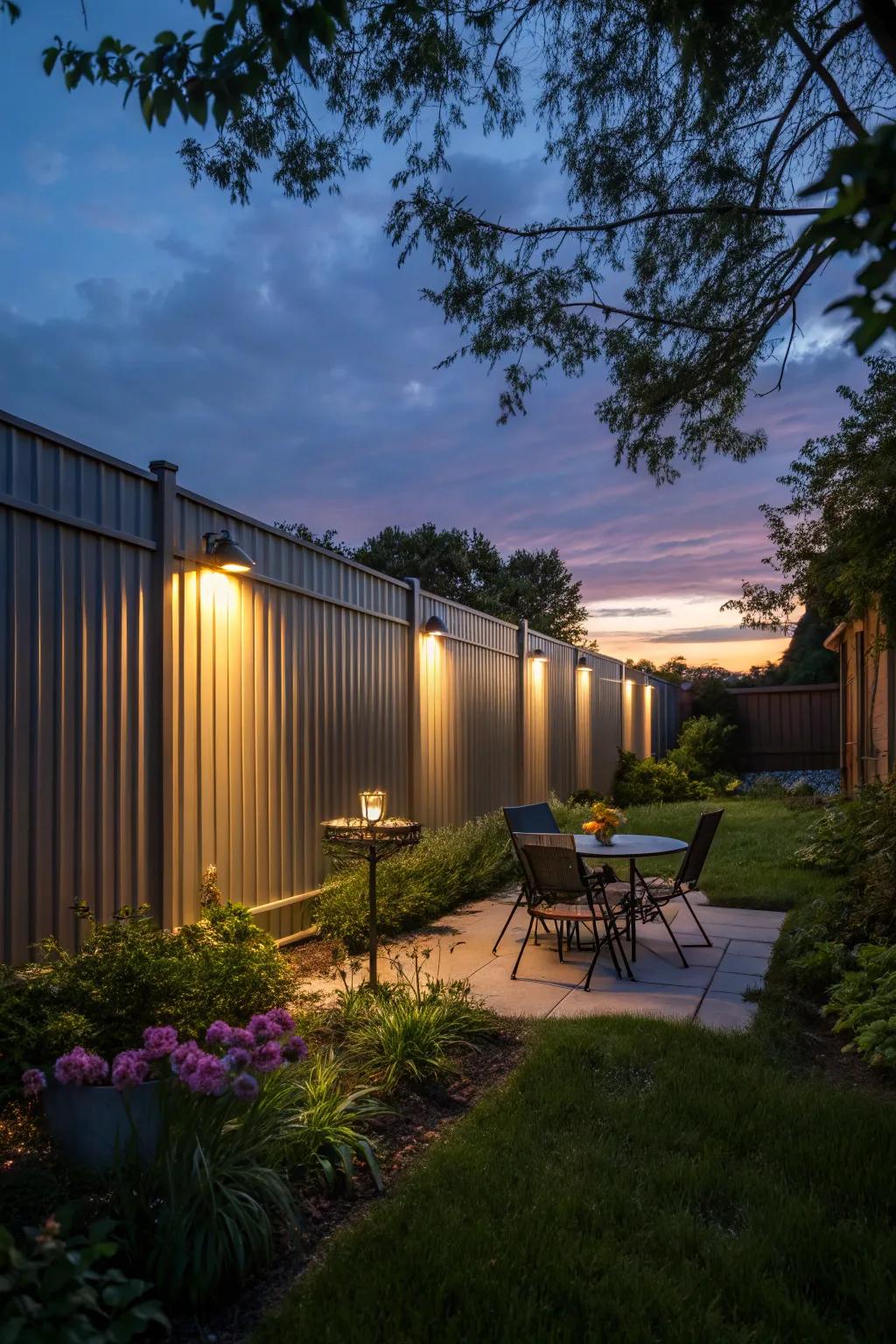 Integrated lighting turns a fence into a nighttime spectacle.