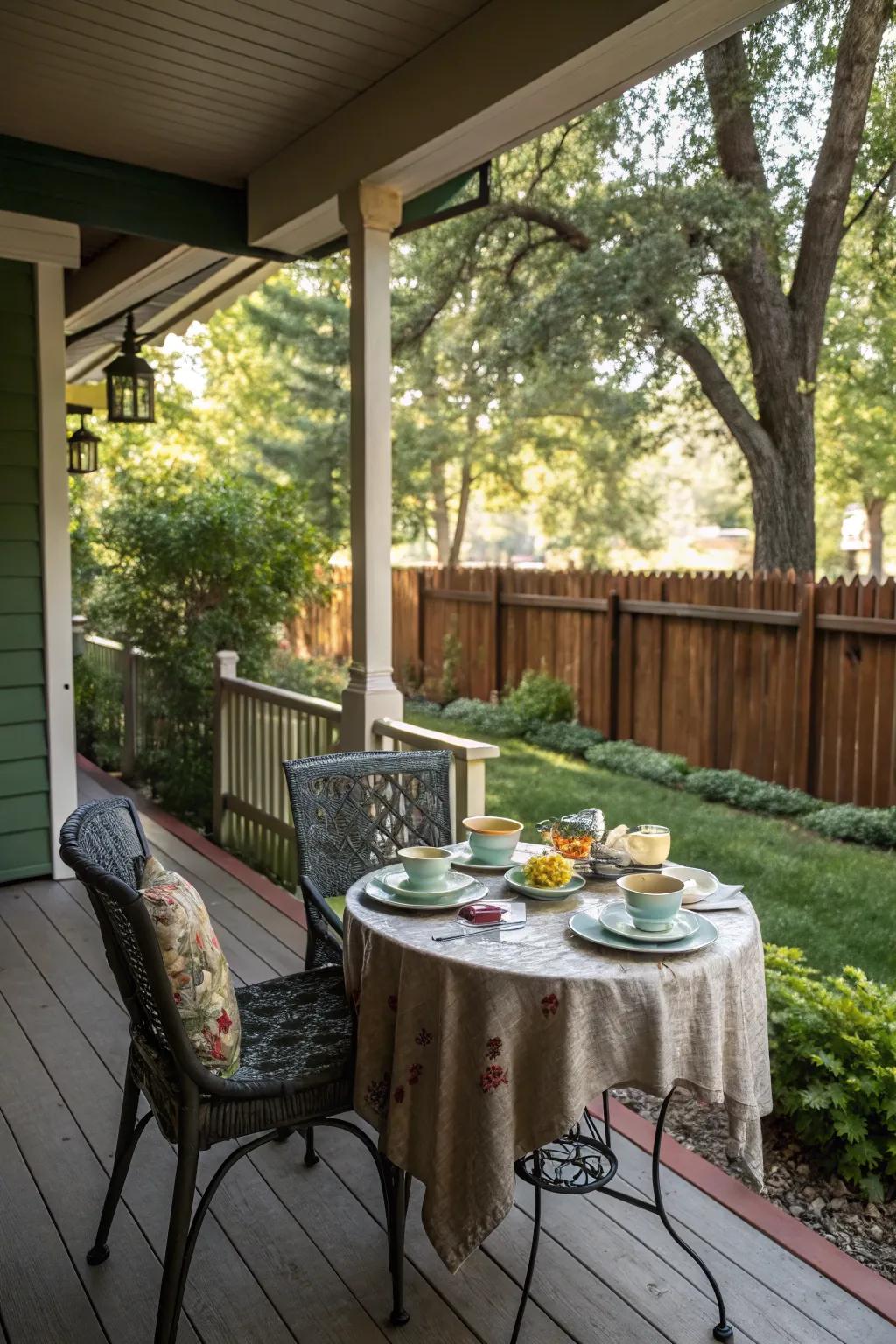 An inviting al fresco dining setup on the side porch.