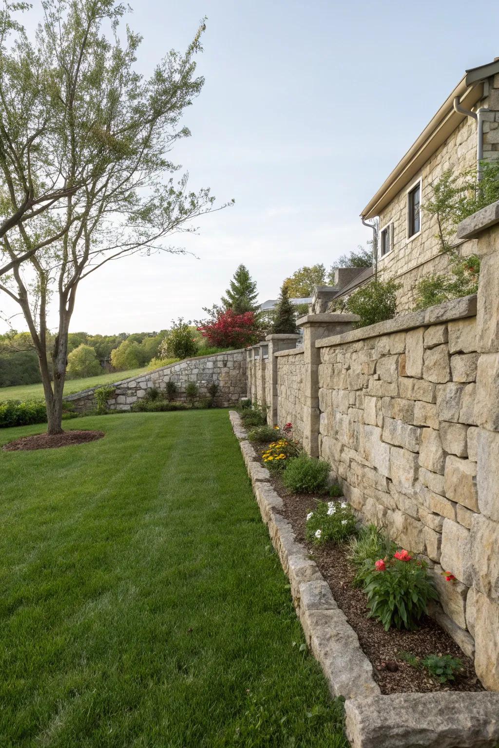 Elegant side yard with natural stone wall.