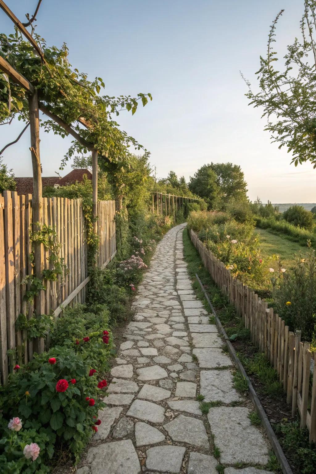 Stone pathways infuse elegance and practicality into fence line landscapes.