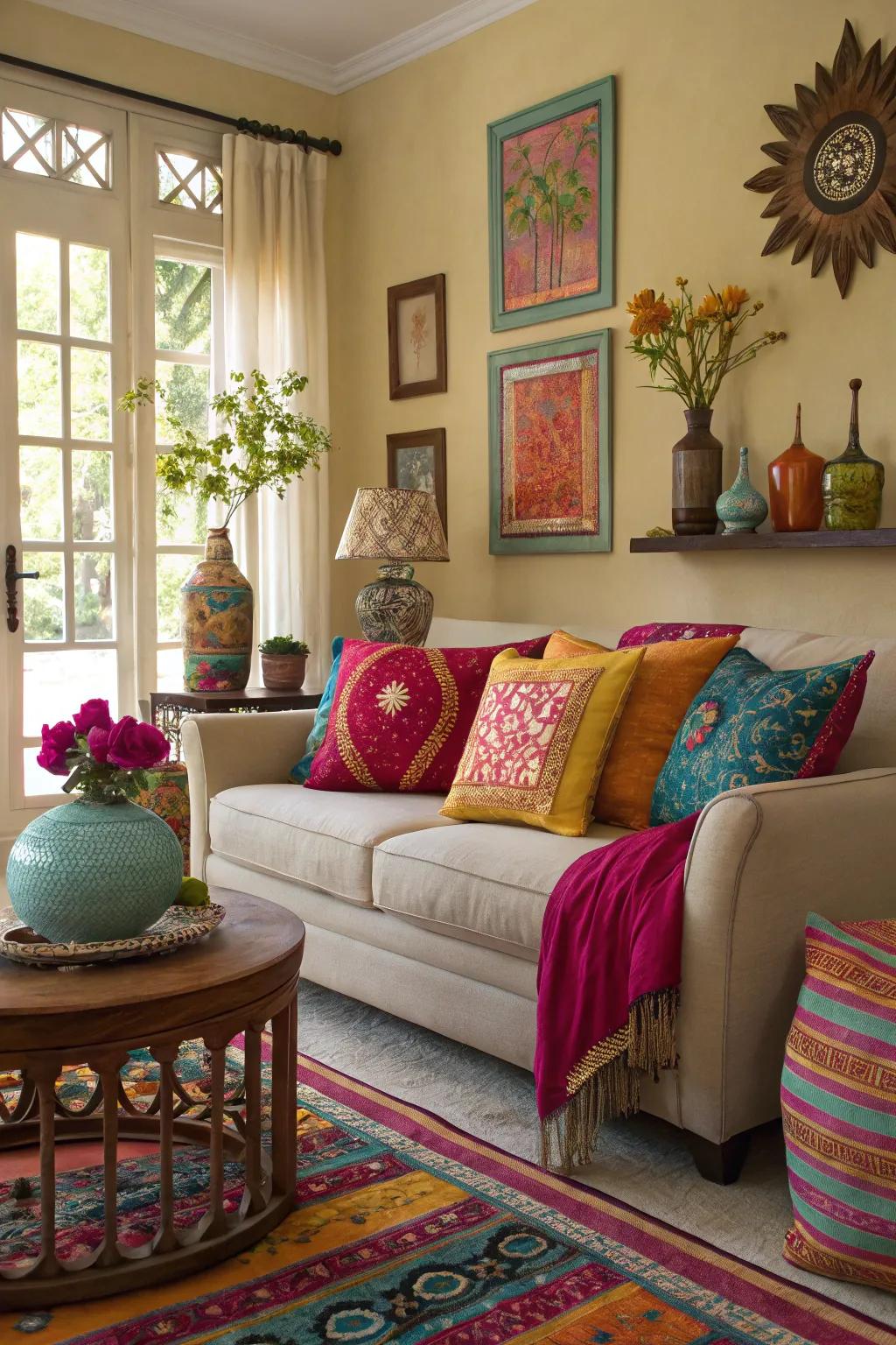 Accent colors add energy and interest to a neutral living room.