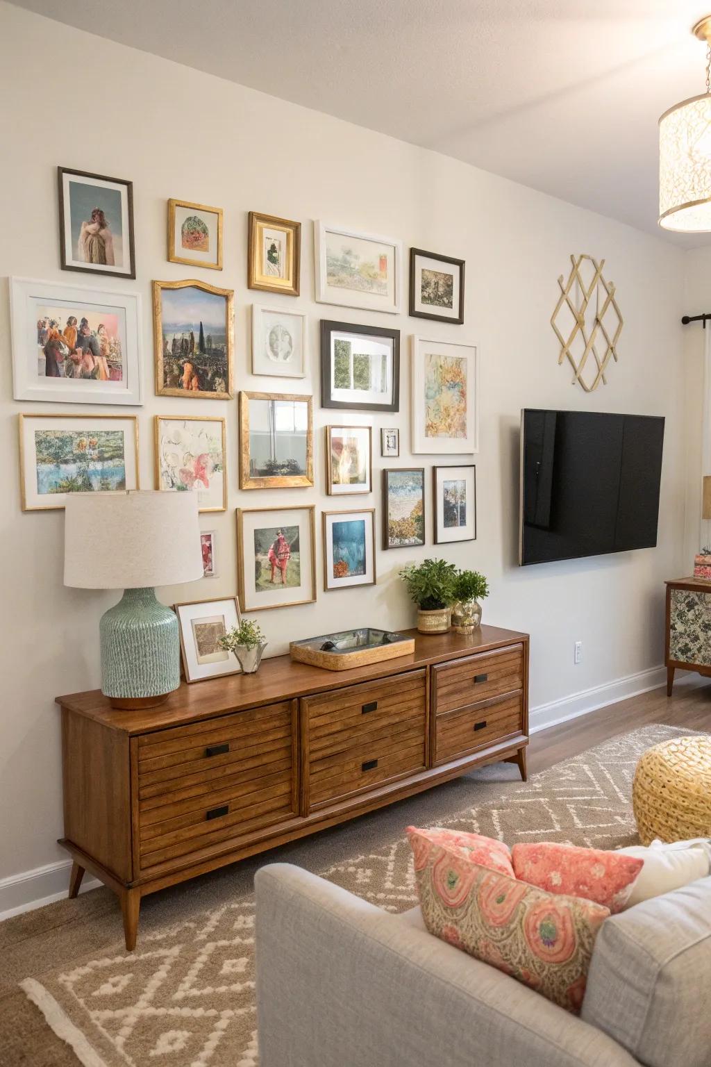 Create a dynamic focal point with a gallery wall in your Sims 4 living room.