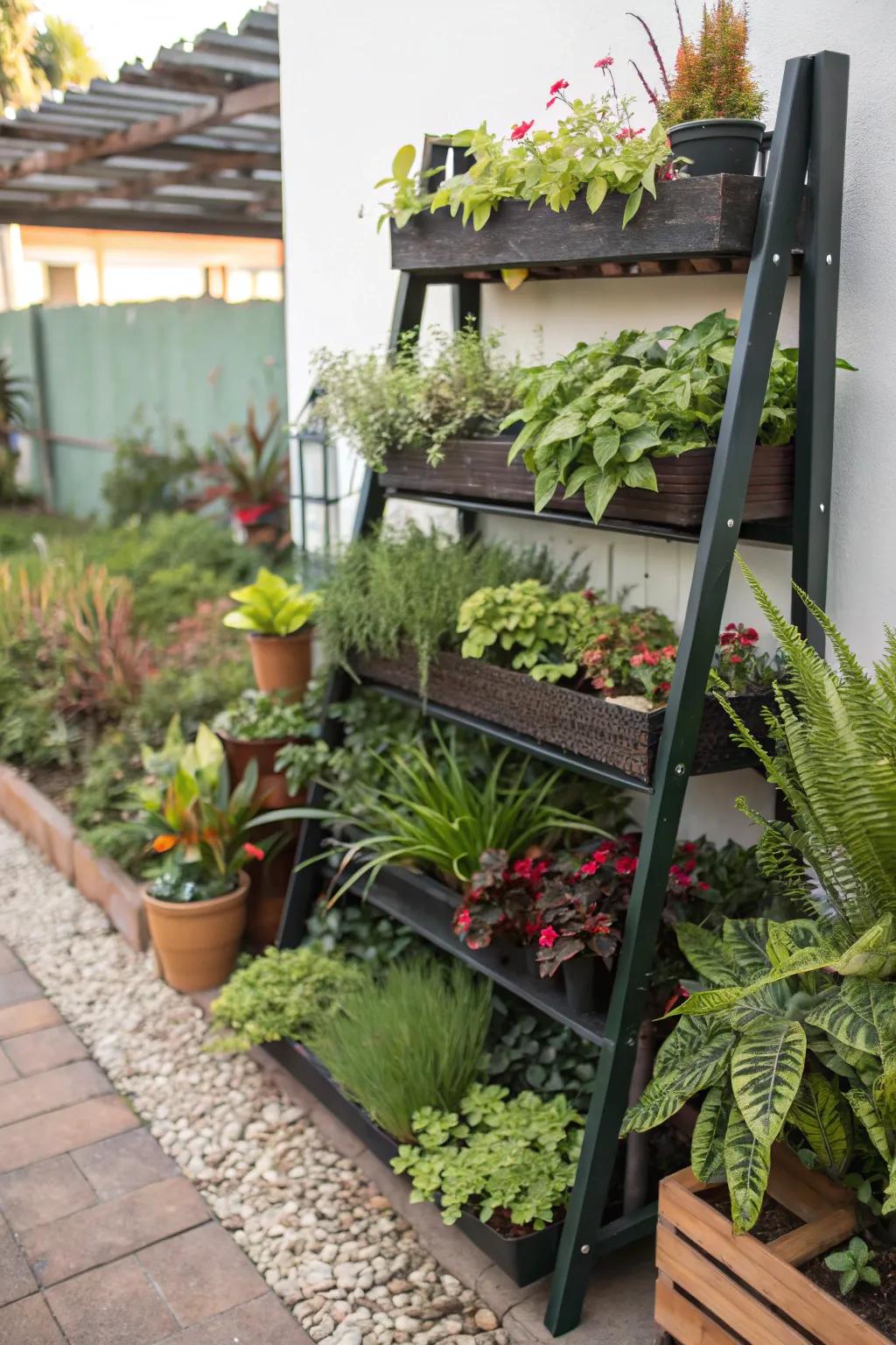 Tiered planting adds depth and dimension to compact spaces.