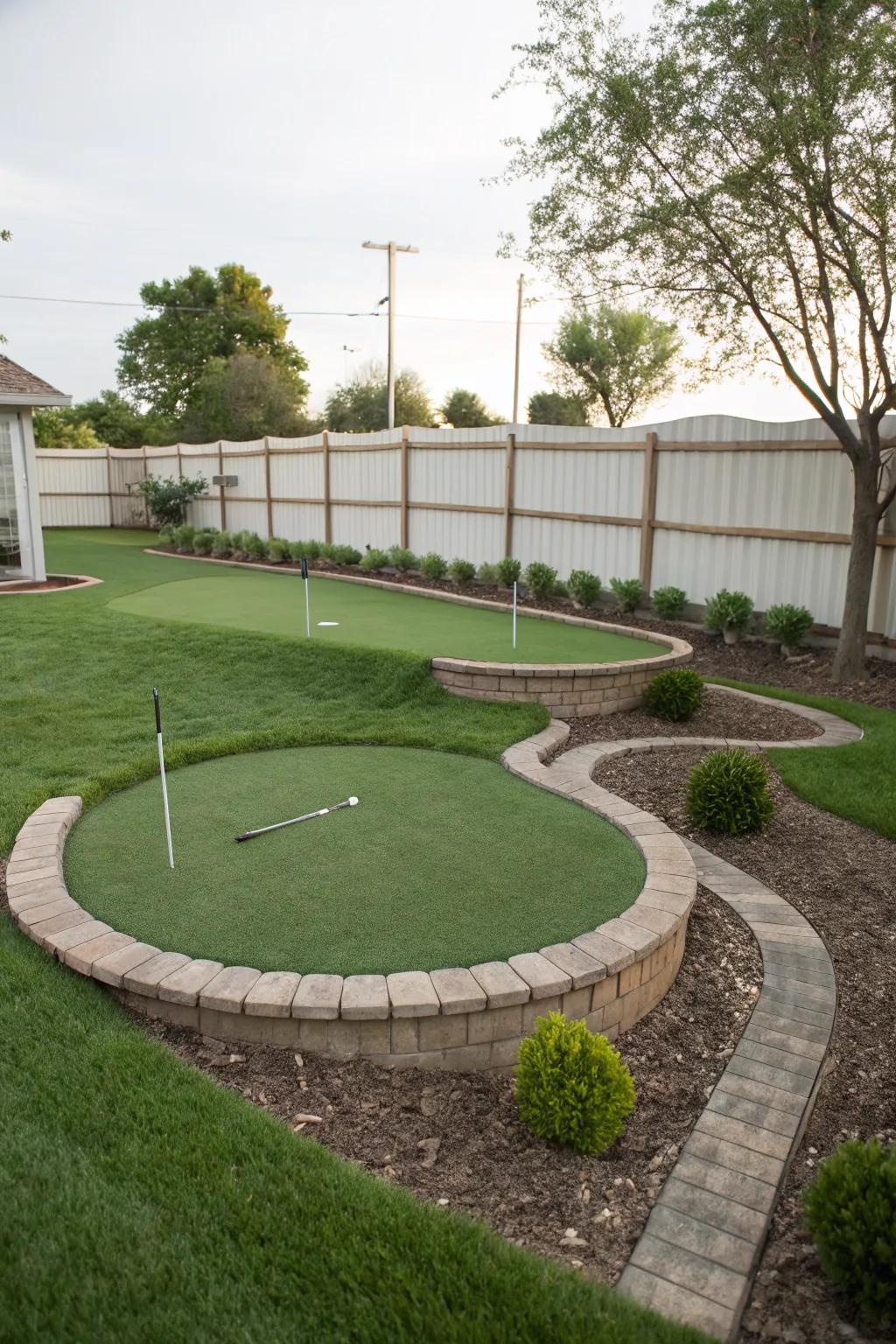 A graded putting green affixing complication to a compact backyard.