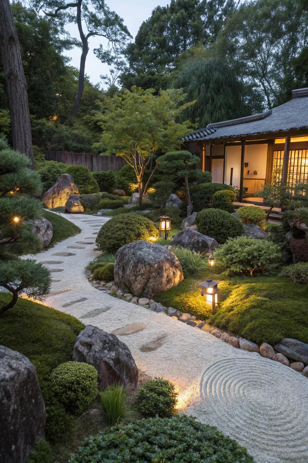 Plants and routes are highlighted in a zen garden illuminated by gentle solar lighting.
