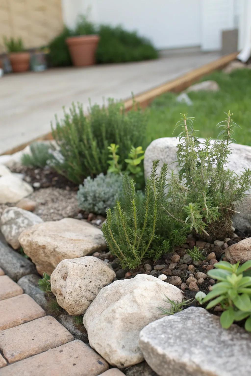 A fragrant herbal haven in a small corner rock garden.