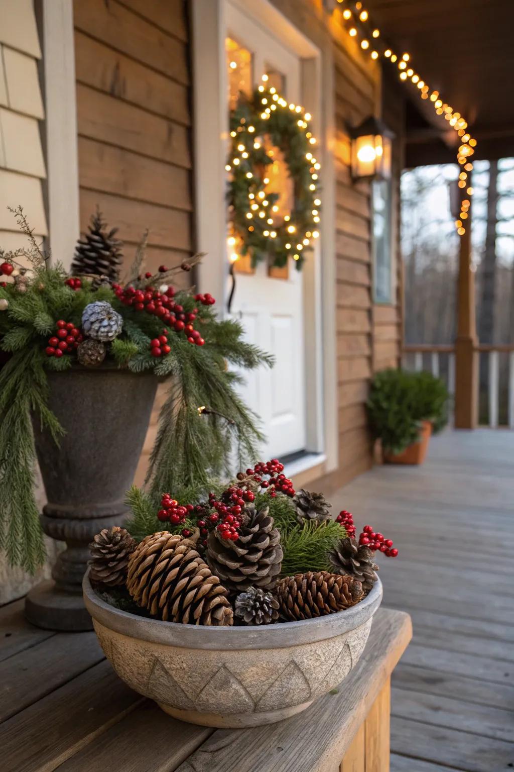 Pinecones and berries add natural charm.
