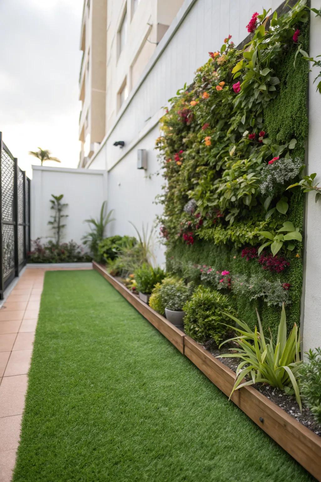 A vibrant vertical garden wall complementing artificial turf.