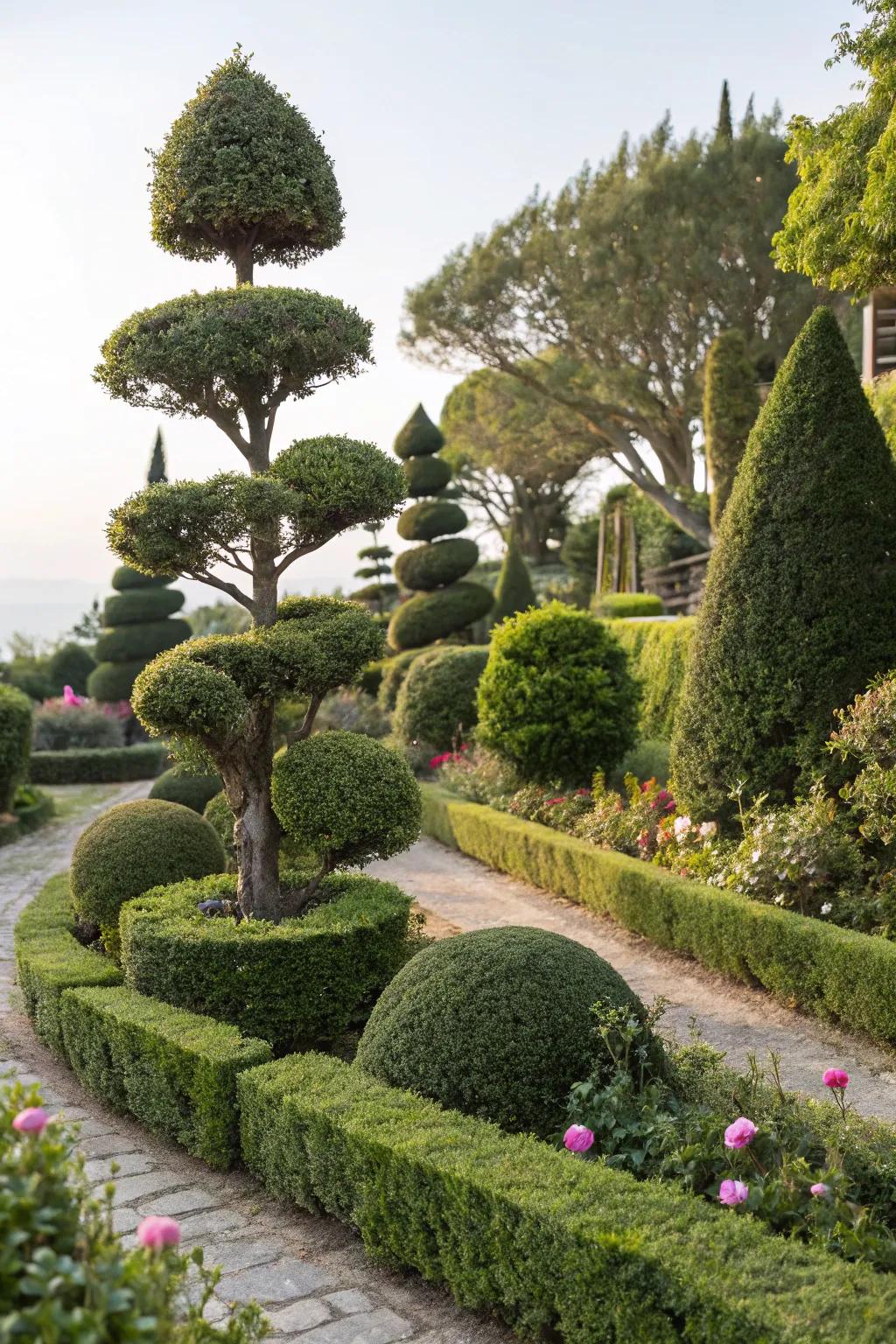Miniature topiary green fences providing an artistic touch.