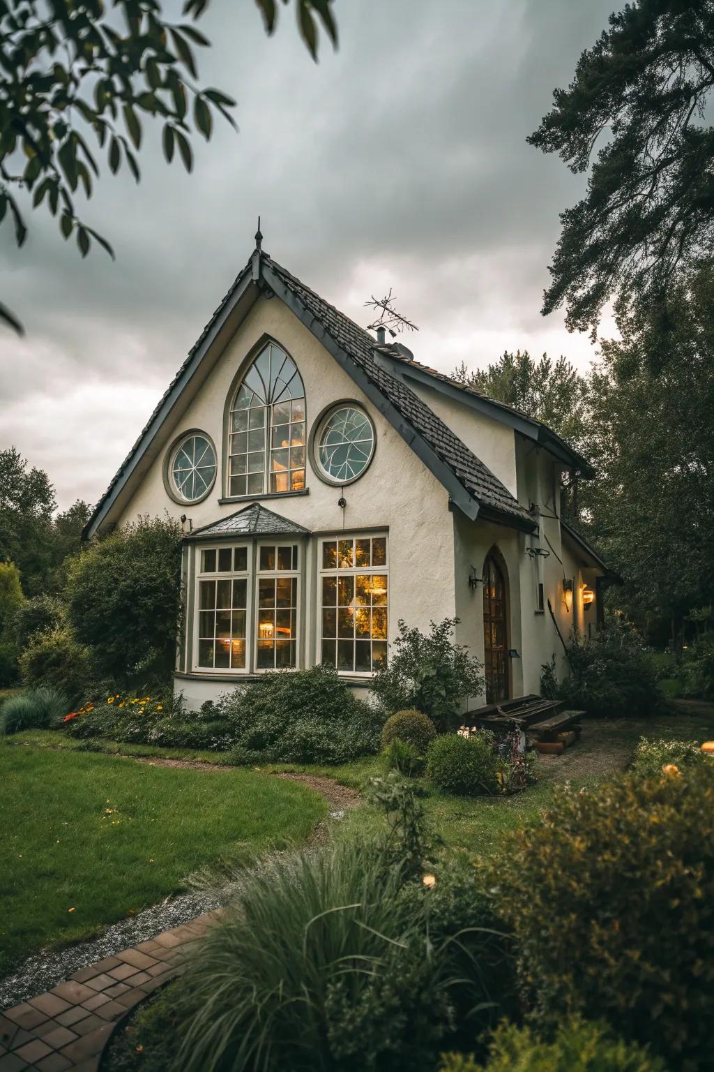 Distinctive window compositions invite light and act as a focal attribute.