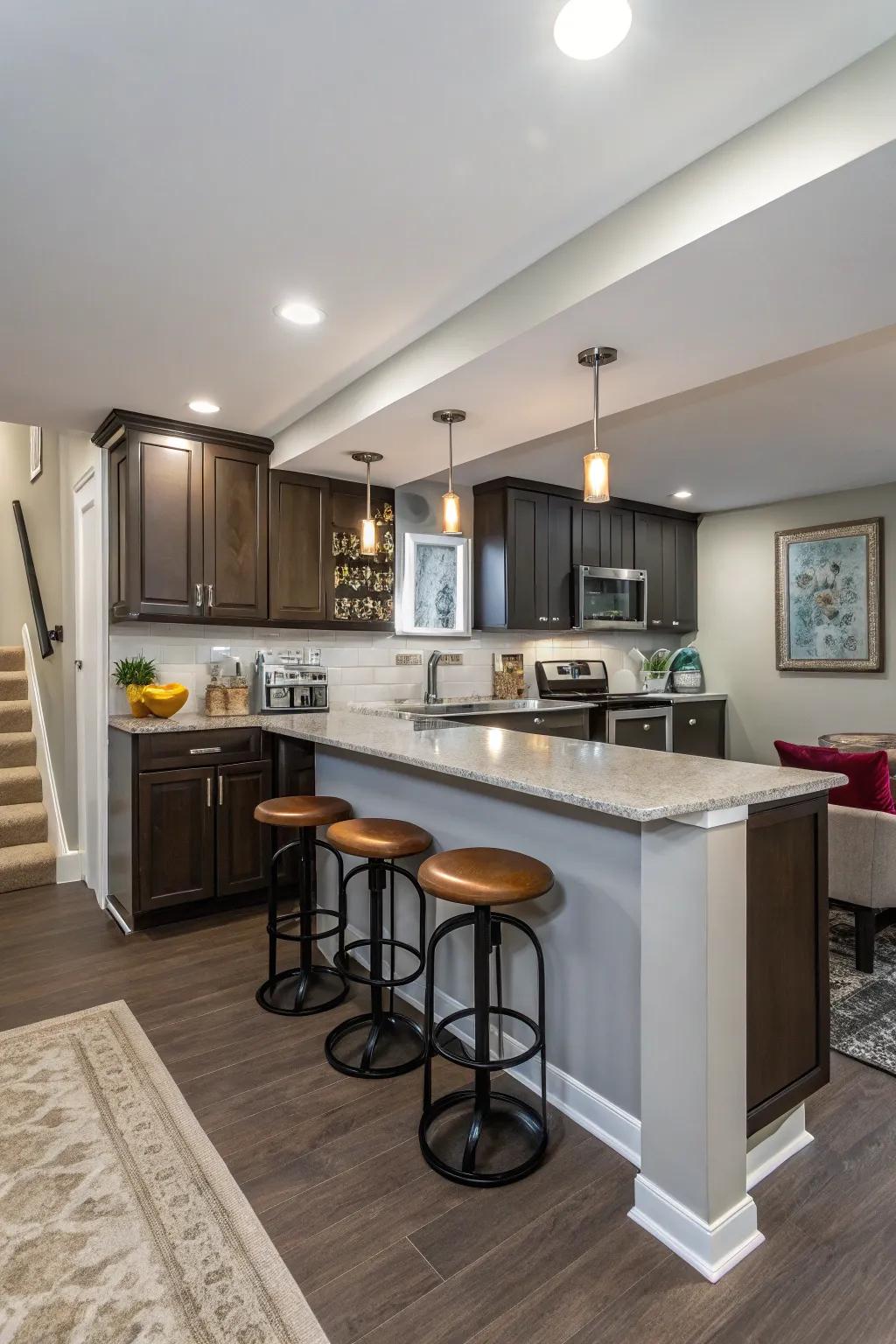 An efficient L-shaped kitchen bar layout maximizing small space.