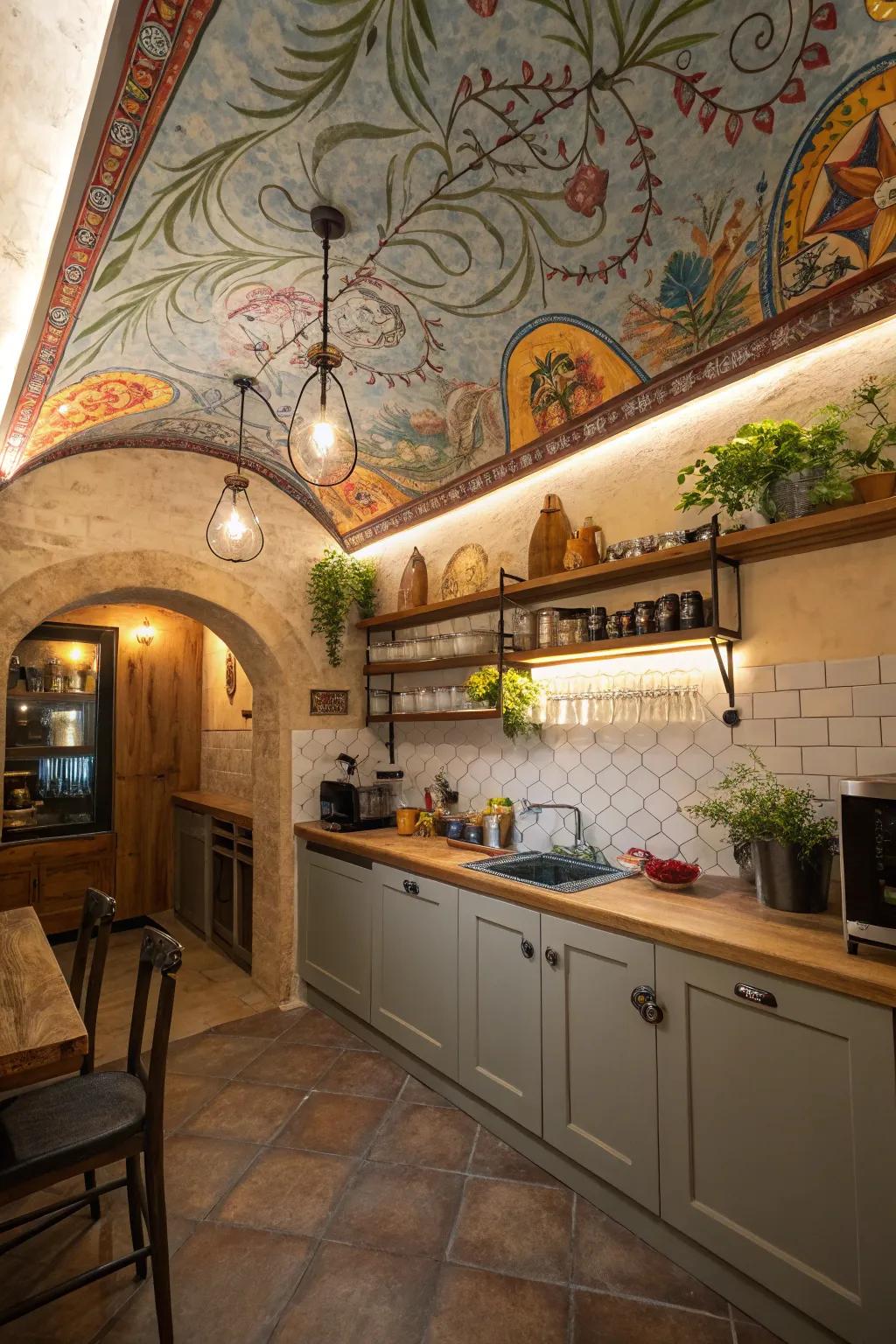 Ceiling murals add personality and artistic flair to small kitchens.