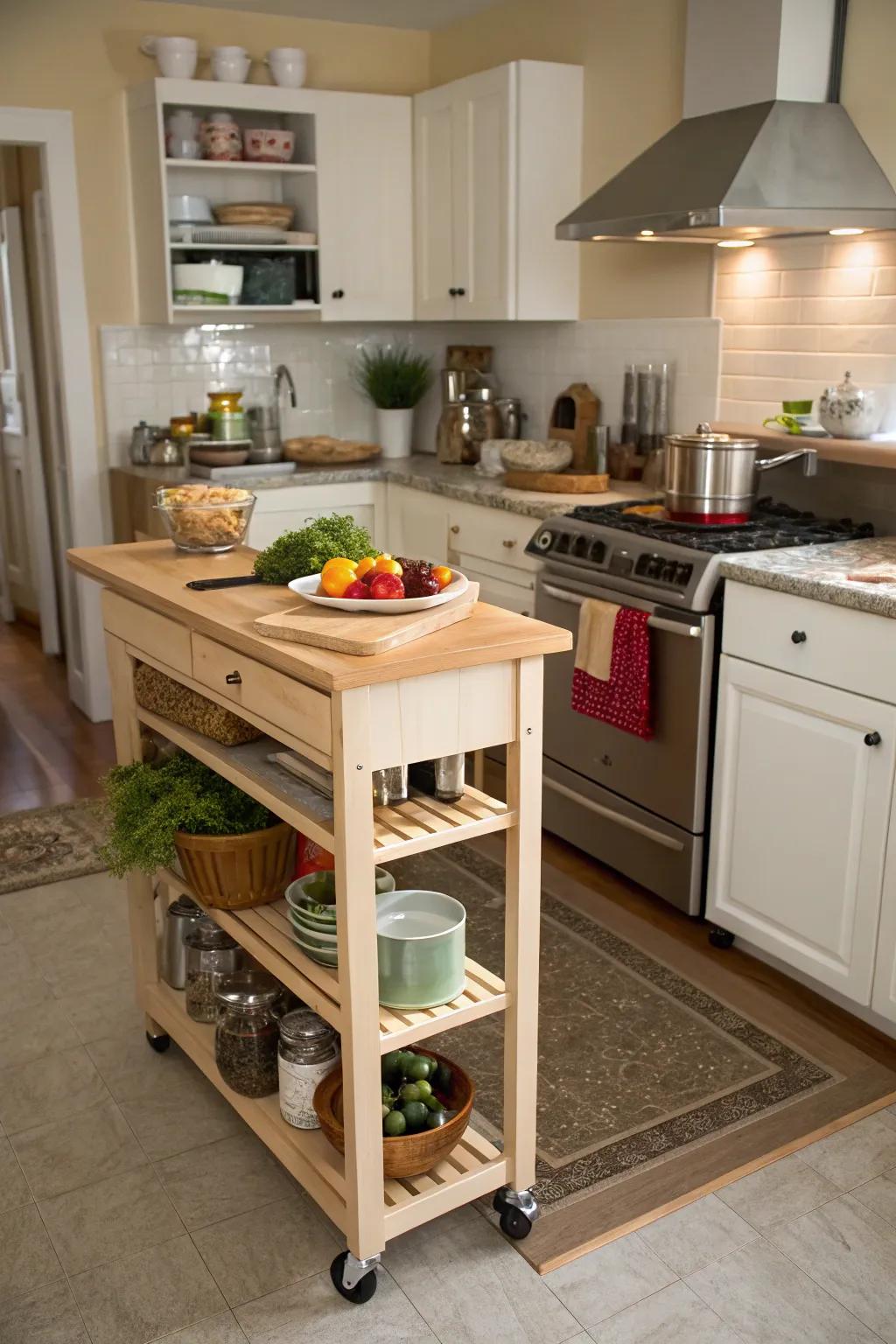 A portable centerpiece offering adaptability and versatility in the cooking area.