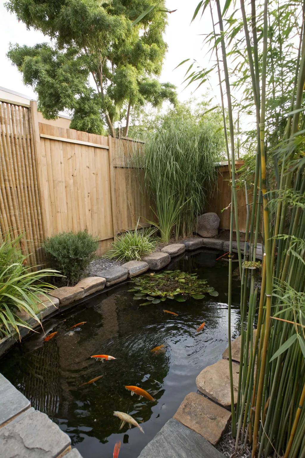 A secluded koi pond with plants that add to the privacy.