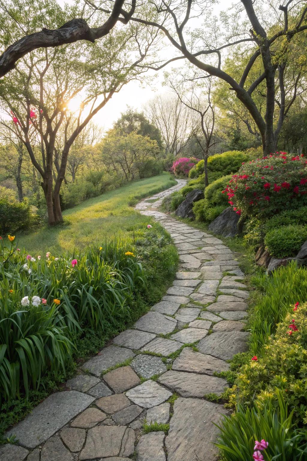 Stone pathways add charm and direction to small garden spaces.