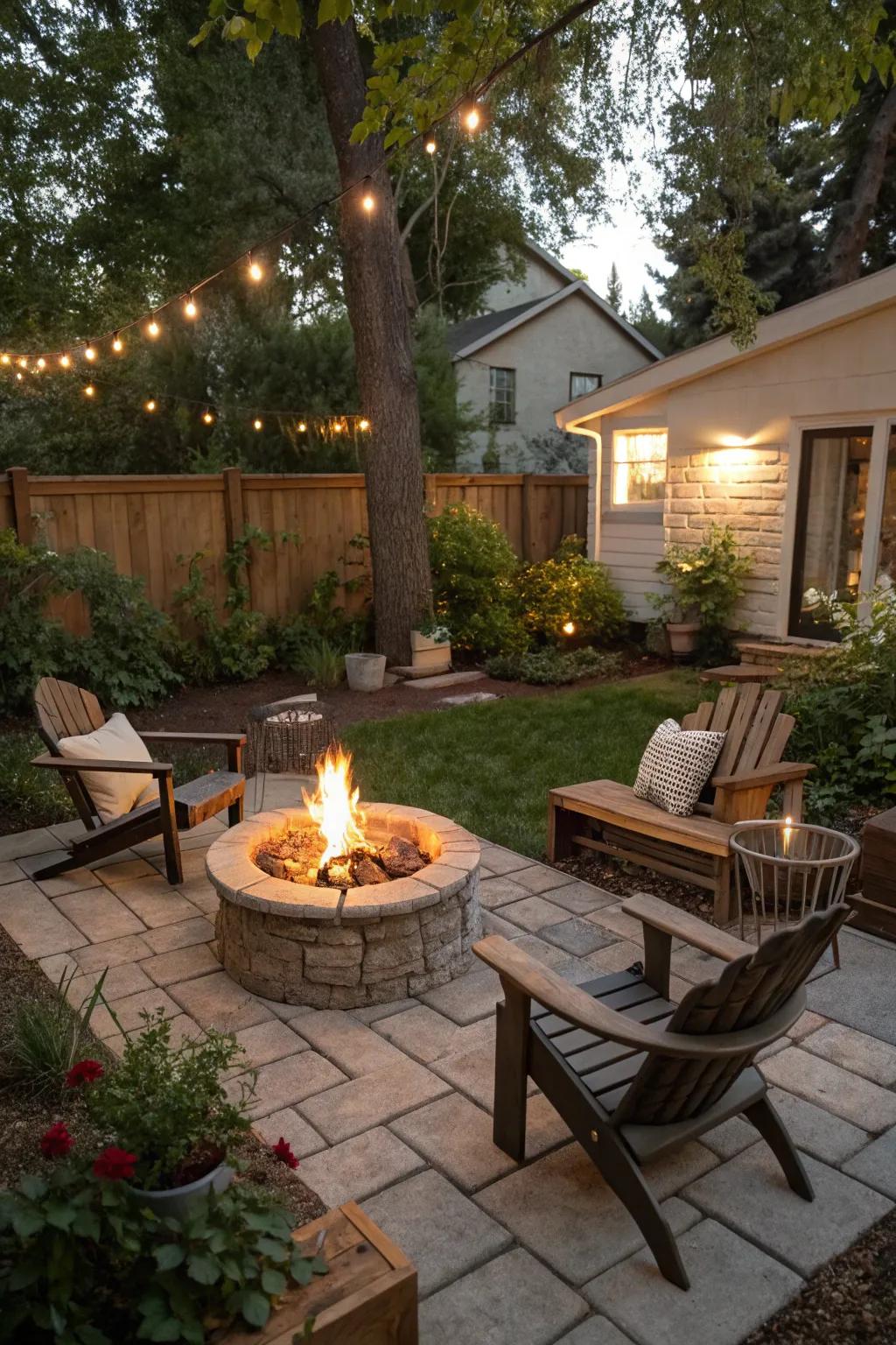 A mini fire pit creates a warm and inviting gathering spot.