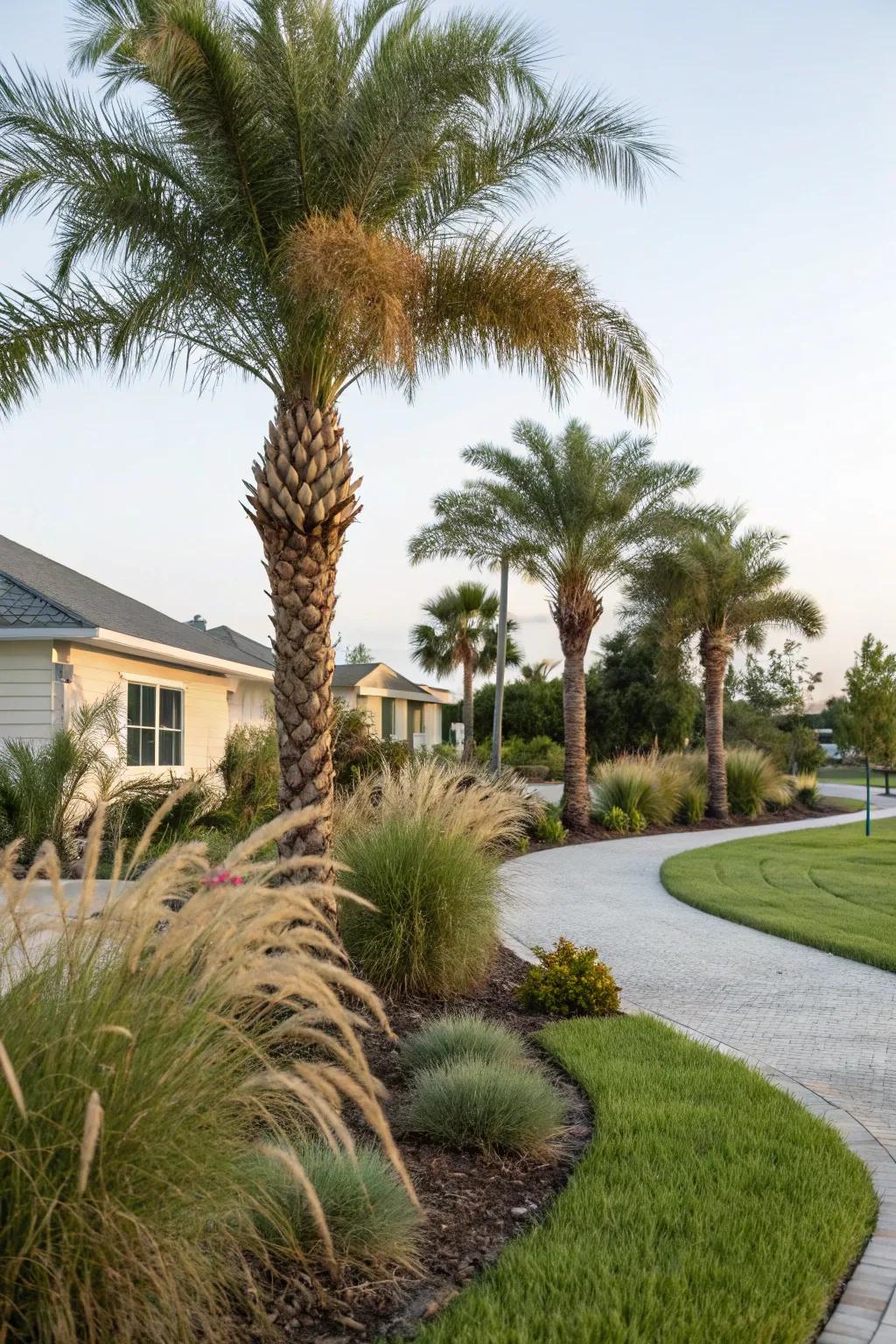 Ornamental grasses complement palm trees with texture and movement.