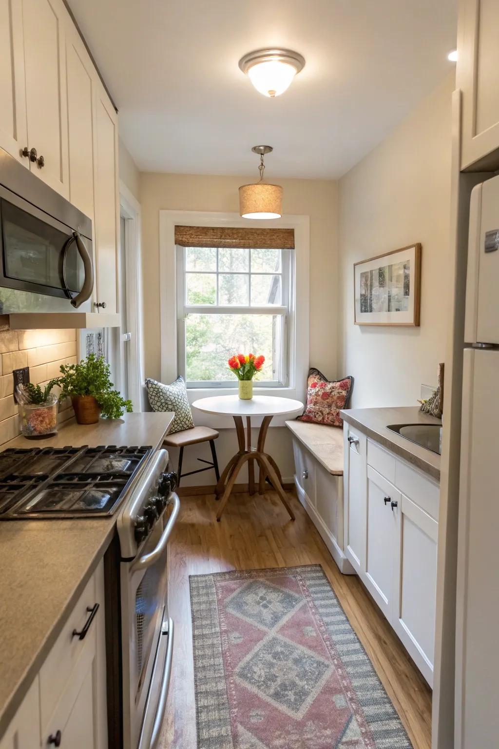 A breakfast nook adds coziness and functionality to this small kitchen.