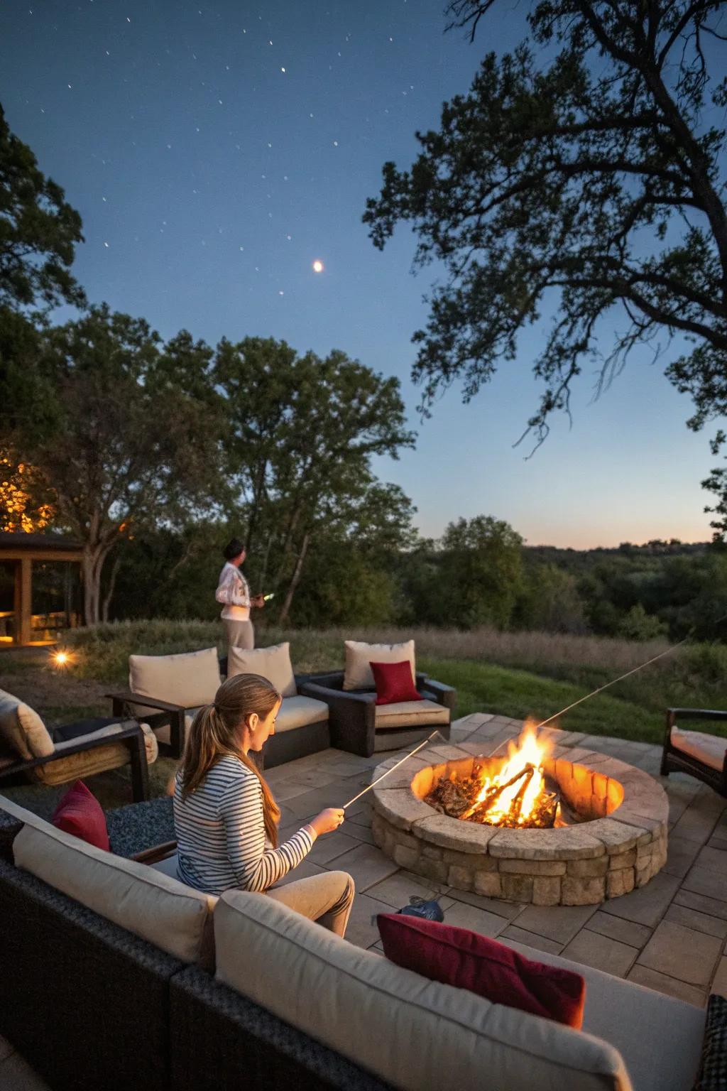 A fire pit setup is the heart of any outdoor s'mores bar experience.