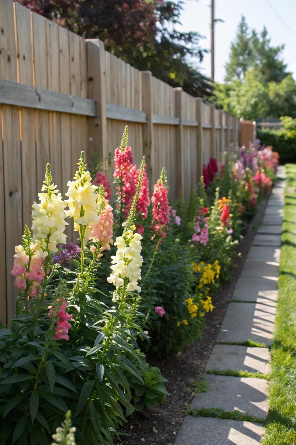 Snapdragons create colorful borders that define garden spaces.
