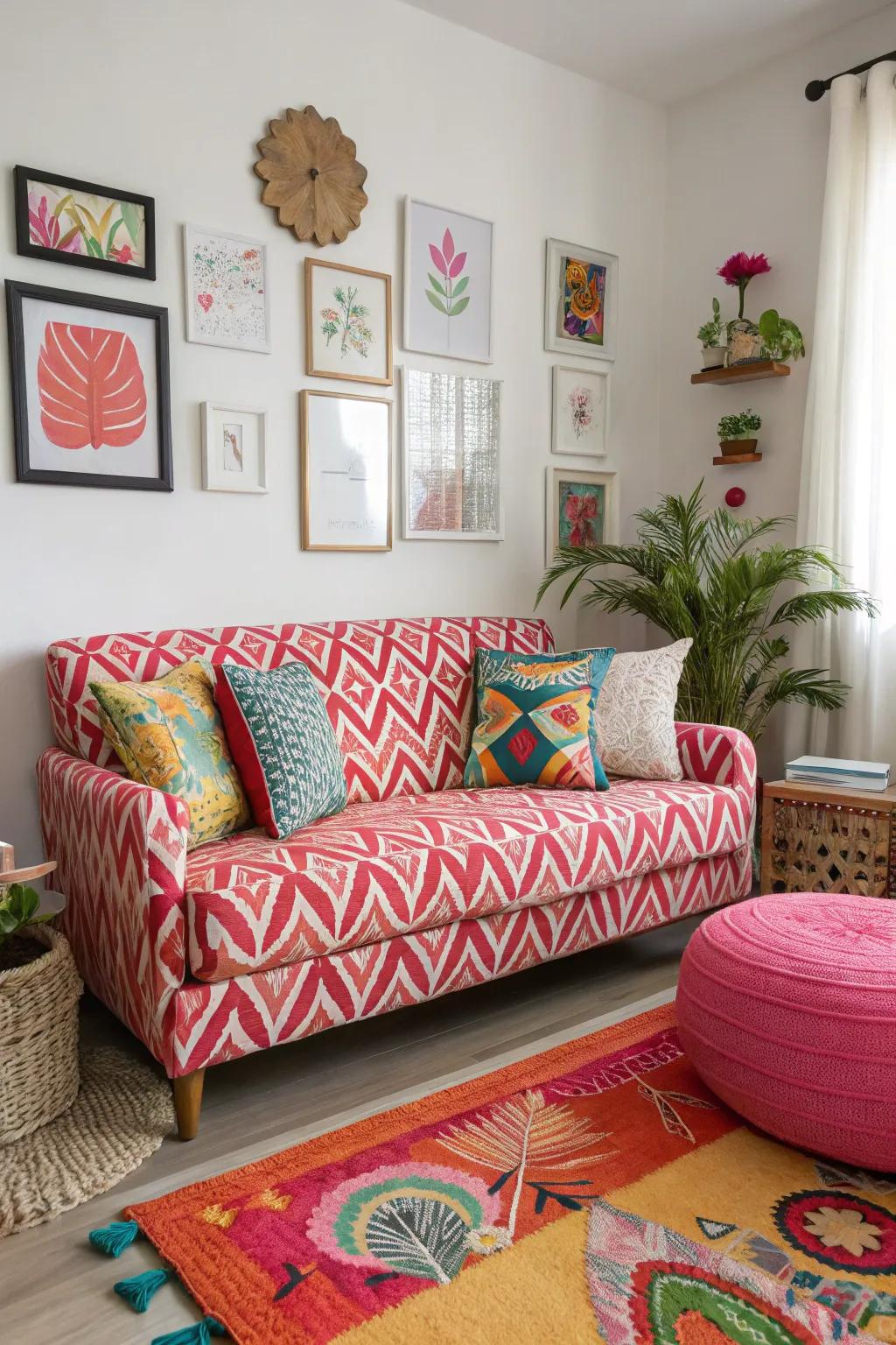 A bold-patterned sofa adds personality to a small living room.