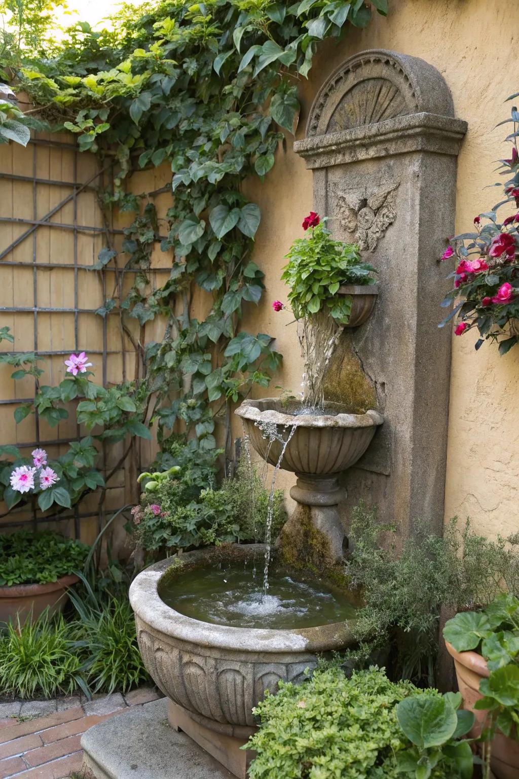A wall-mounted solar fountain creating a captivating vertical aquatic feature.