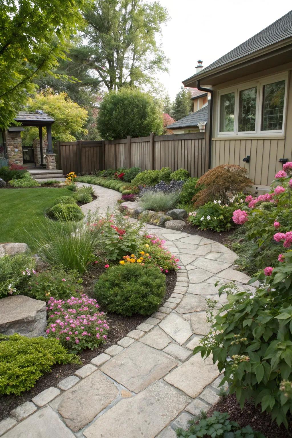 A combination of softscapes and hardscapes produces texture and intrigue.