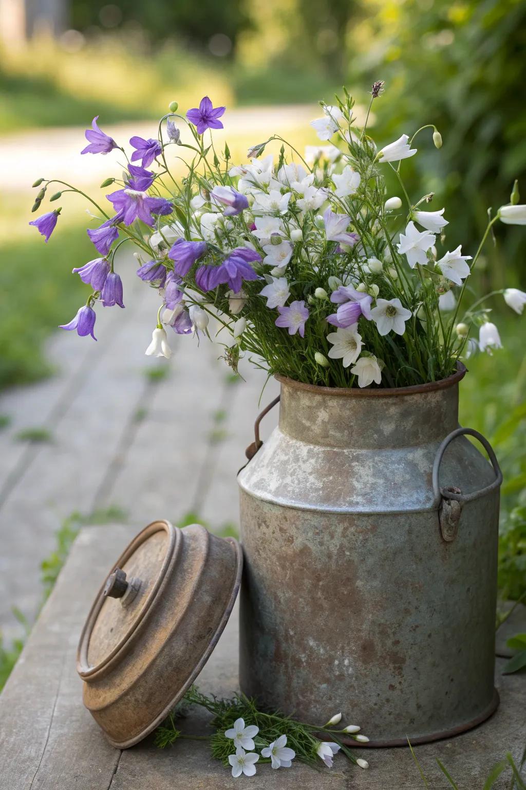Embrace rustic elegance with a vintage milk can spilling over with bellflowers, bringing a touch of pastoral charm to your garden.