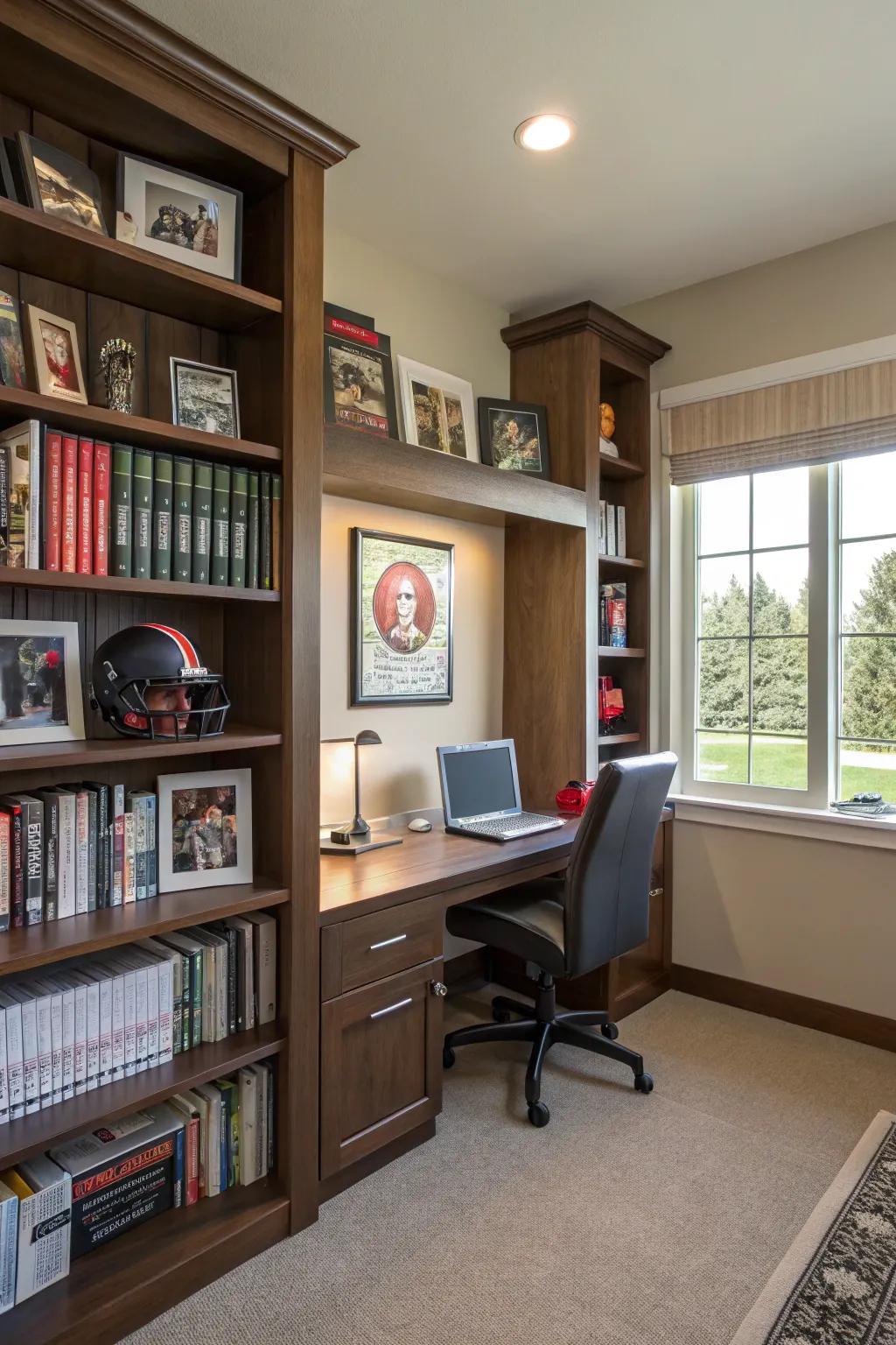 A sports book display enhances depth and intellect in your workspace.