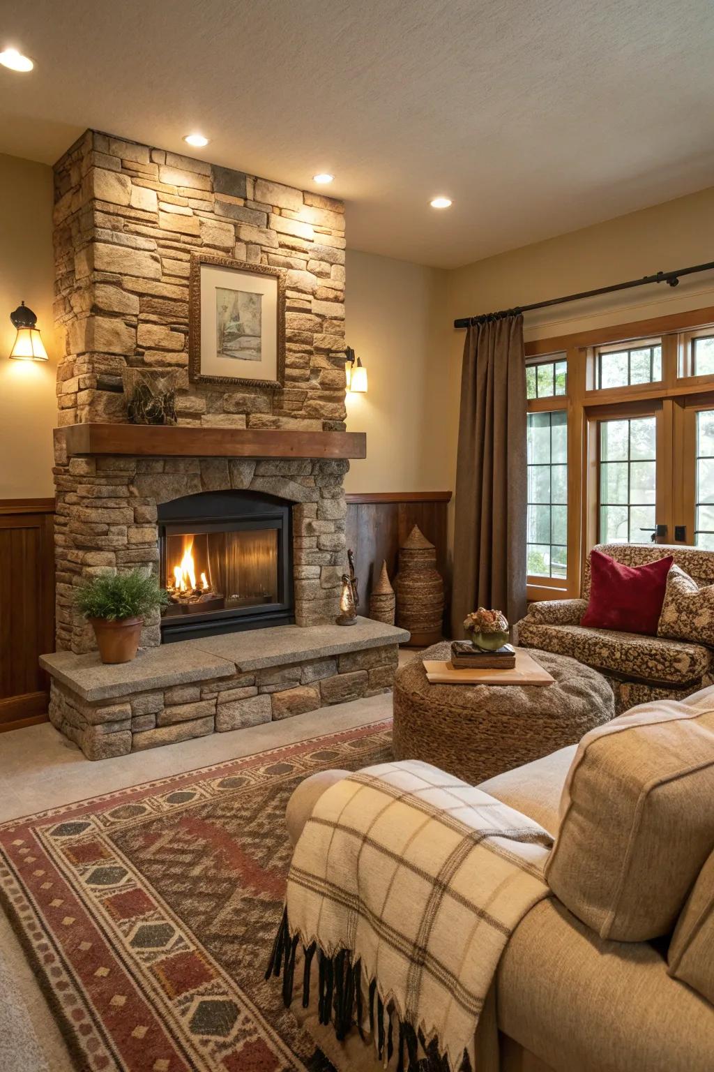 A low hearth offering additional seating and charm.