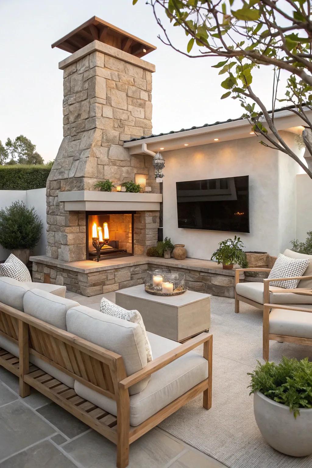 Alter your terrace into an exterior paradise via a stone hearth and display setup. #OutdoorEntertaining #PatioStyle