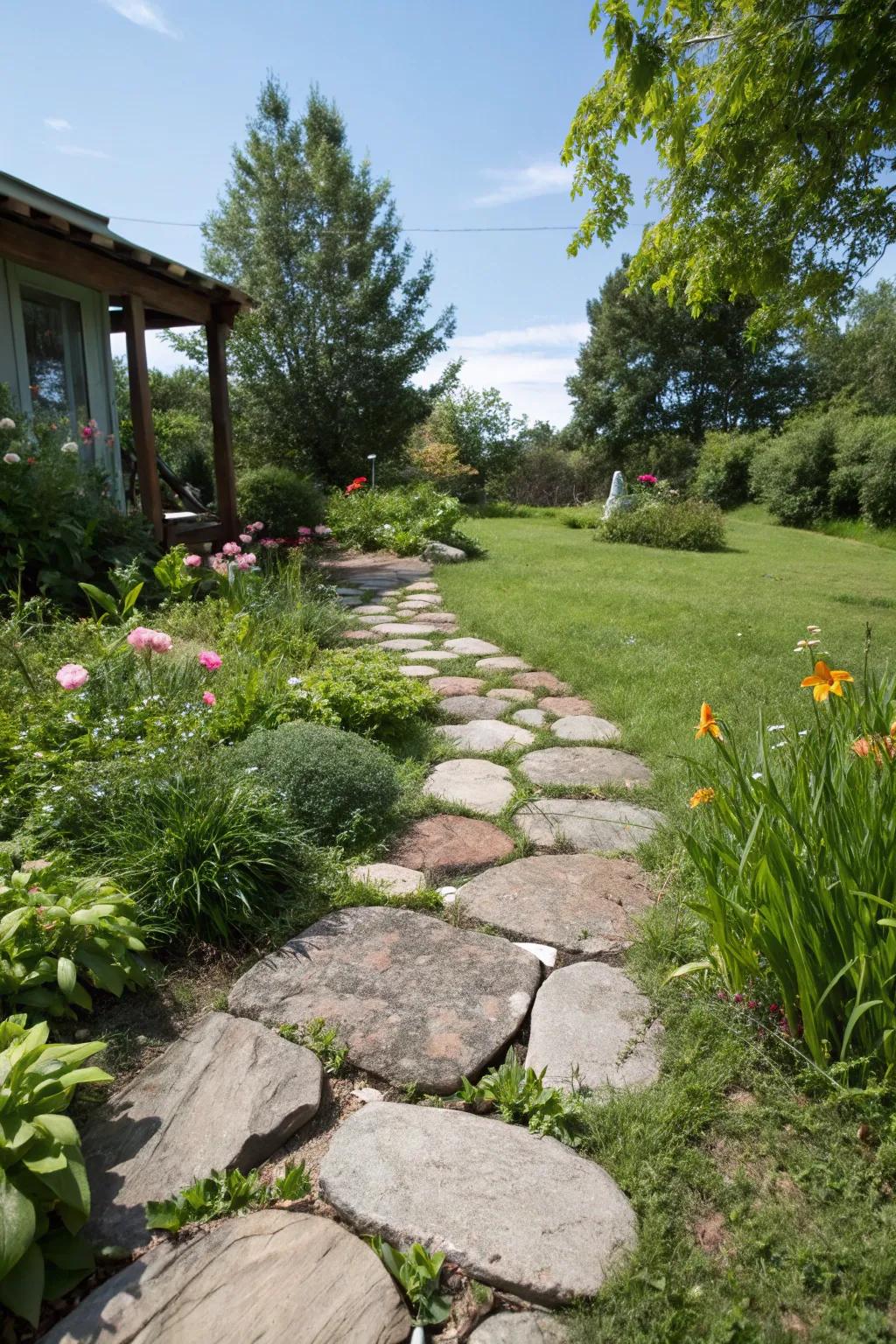 A whimsical stone walkway with varied shapes.