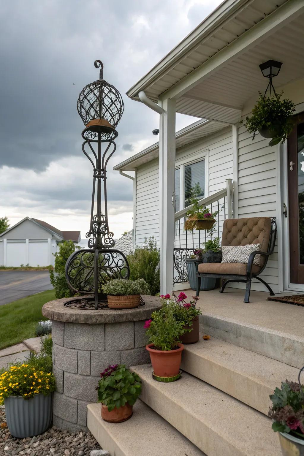 A metal sculpture contributes an artistic impression to the stoop.