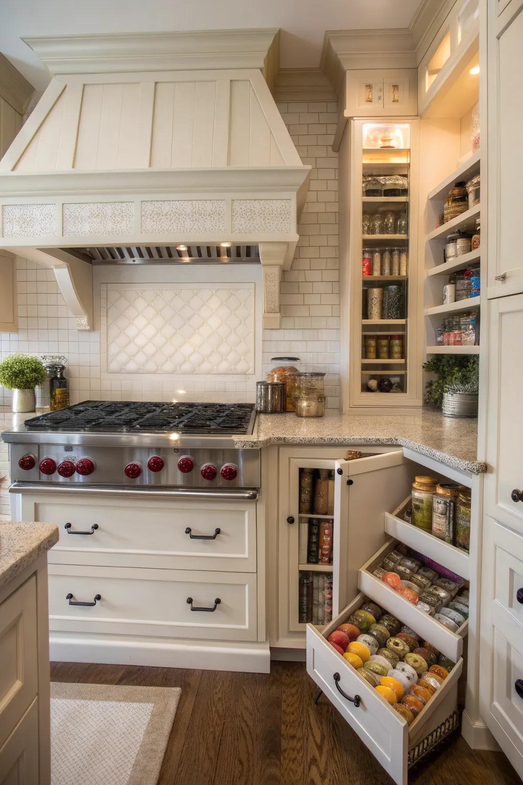 A stove alcove with hidden storage, keeping spices and essentials organized while maintaining a clean look.