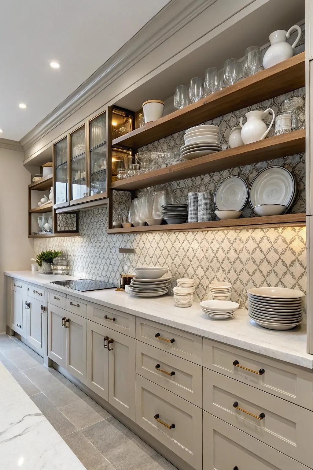 Open shelving integrated with backsplash maximizes space and style.