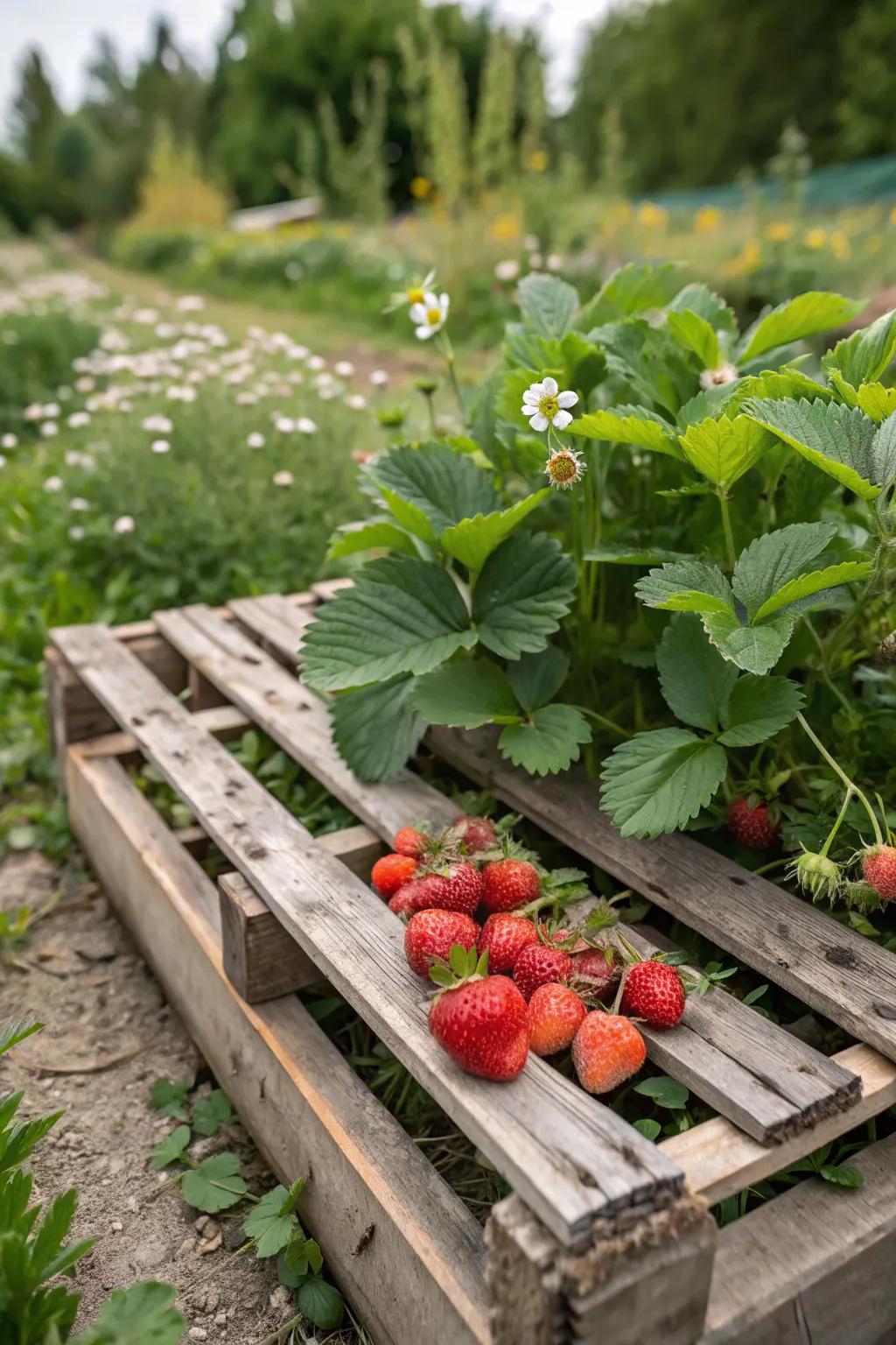 A rustic pallet planter filled with strawberries.