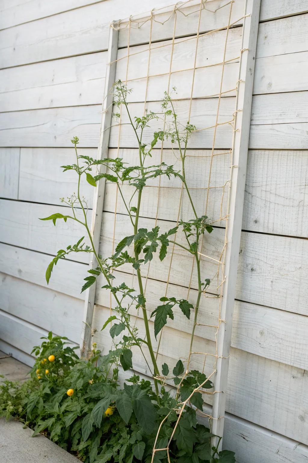 Transform your garden with Scandinavian simplicity: a wire mesh trellis for flourishing tomatoes.