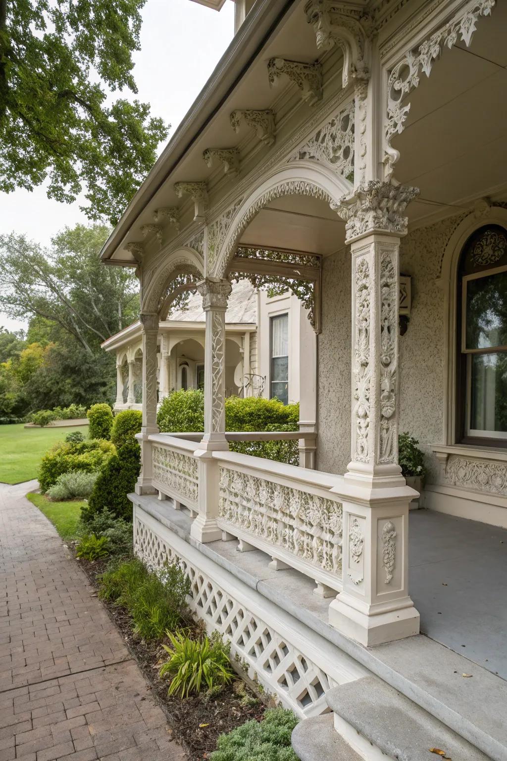 This stucco porch is made more appealing by its unique architectural features.